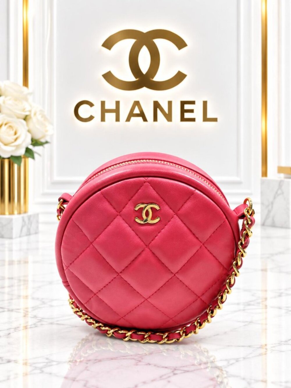 Authentic Chanel Round Mini Camera Bag Pink Quilted Leather Chain Crossbody